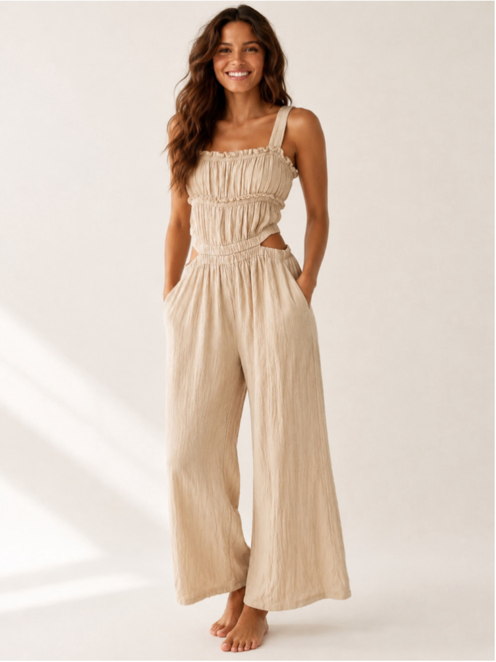 LUCCA Cotton Gauze Wide Leg Cutout Romper Neutral Beige Boho Coastal Festival L